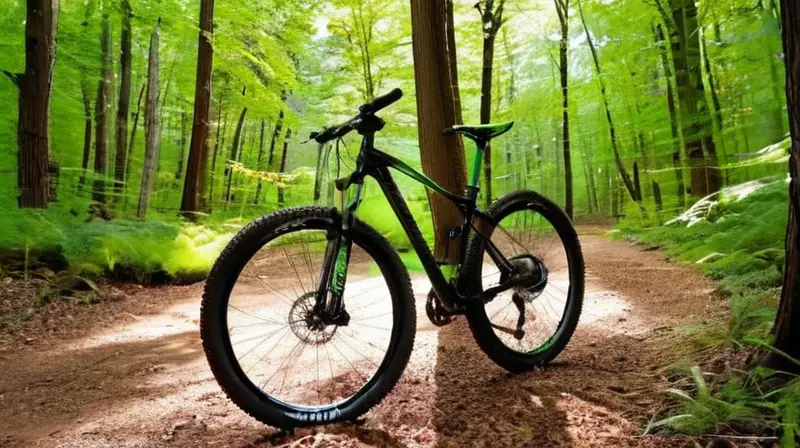 Una bicicleta de montaña elegante brilla bajo el sol, destacando su marco de aluminio pulido y su diseño vibrante, rodeada de naturaleza que invita a la aventura