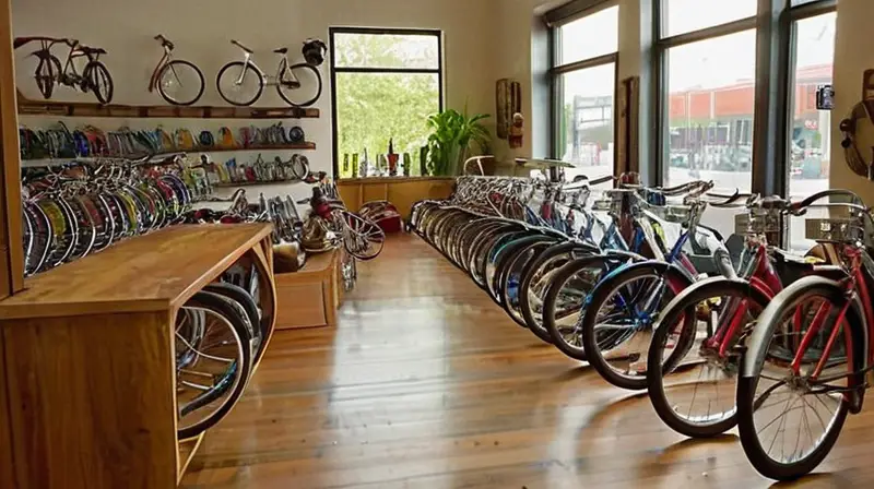 Una tienda de bicicletas vibrante y acogedora, llena de bicicletas de segunda mano y accesorios, con un ambiente animado y un letrero de liquidación