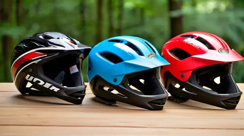 Casco de montaña en colores vibrantes sobre una mesa de madera, con detalles que reflejan aventura