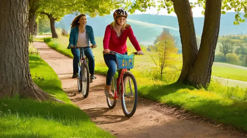 Una escena de un parque soleado con dos amigos riendo en bicicletas coloridas, rodeados de naturaleza y un ambiente alegre