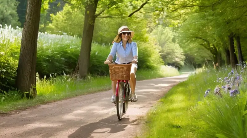 Una escena vibrante en un parque soleado con amigos riendo y pedaleando en una bicicleta roja