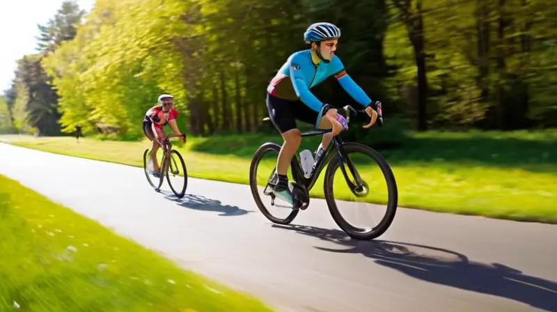 Una escena vibrante en un parque soleado con ciclistas en movimiento, árboles verdes y un cielo azul