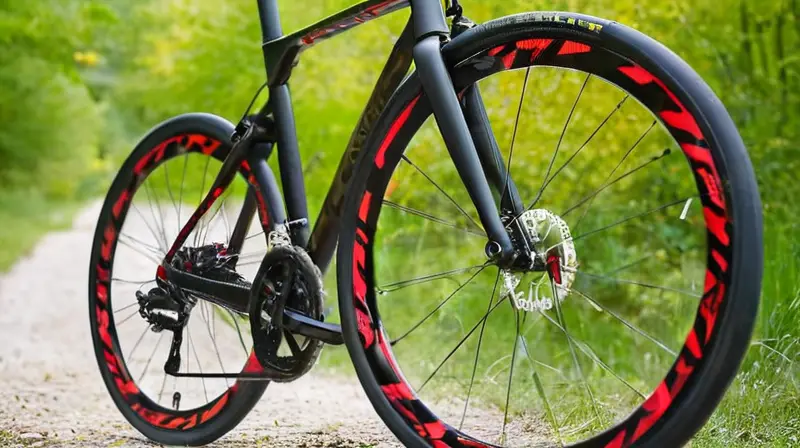 Bicicleta de carbono negra mate con detalles rojos, diseño ligero y aerodinámico, en un entorno natural que resalta su velocidad y agilidad