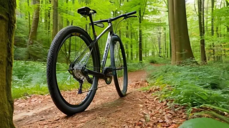 Una bicicleta de montaña de alto rendimiento con un marco de carbono negro mate, detalles intrincados y acentos rojos, diseñada para ser ligera y ergonómica en un entorno natural