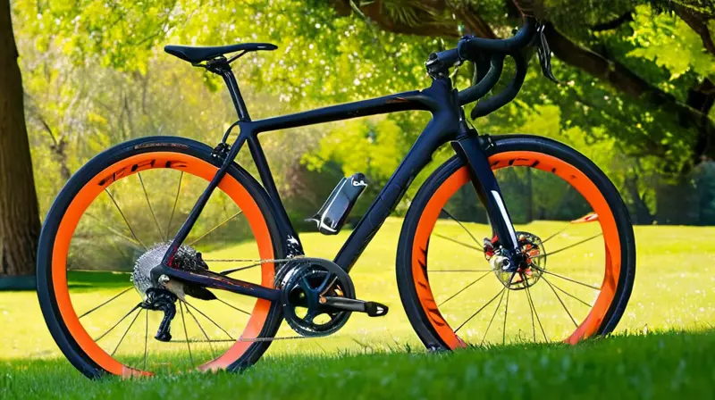 Bicicleta de carbono negra mate con detalles naranjas, diseño aerodinámico y elegante en un entorno natural
