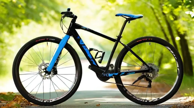 Bicicleta de carbono negra mate con detalles azules, diseño ligero y ergonómico, en un entorno natural que resalta su agilidad y dinamismo