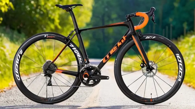 Bicicleta de carbono negra mate con detalles naranjas, diseño ligero y ergonómico, en un entorno natural vibrante