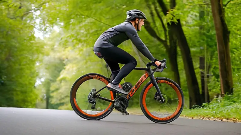 Bicicleta de diseño aerodinámico en negro mate con detalles naranjas, en un entorno natural que transmite movimiento y armonía