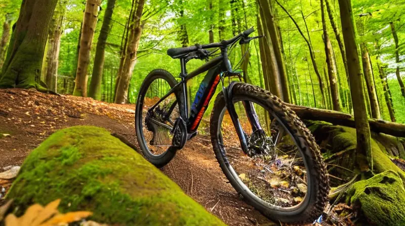 Una bicicleta de montaña robusta y elegante en negro mate con detalles naranjas, diseñada para terrenos rocosos y llena de características técnicas, se encuentra en un sendero forestal iluminado por la luz del sol