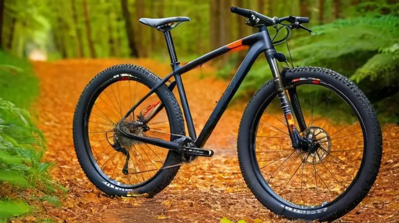 Bicicleta de montaña negra mate con detalles naranjas