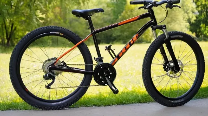 Bicicleta de aluminio negra con detalles naranjas, diseño ergonómico y robusto, lista para un camino natural