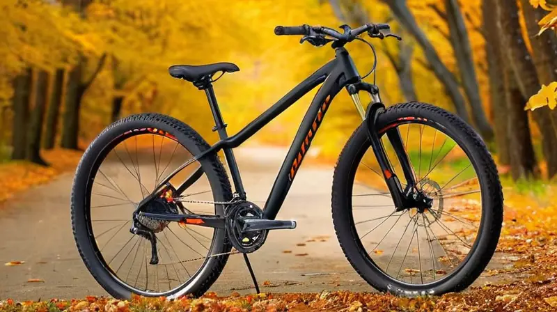 Bicicleta de aluminio negra con detalles naranjas, diseño aerodinámico y componentes de alta calidad para una experiencia de aventura