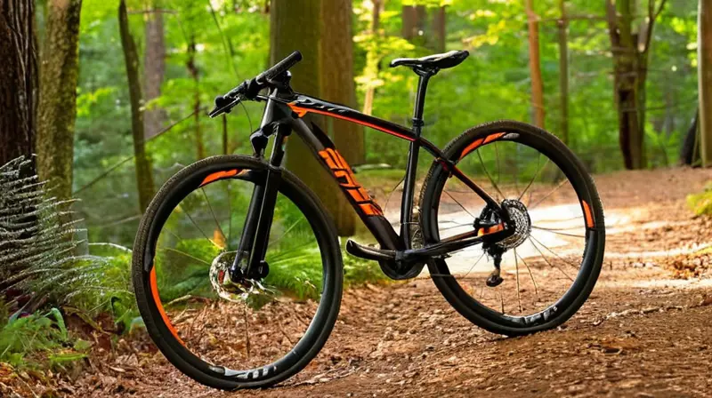 Bicicleta de carbono negra mate con detalles naranjas