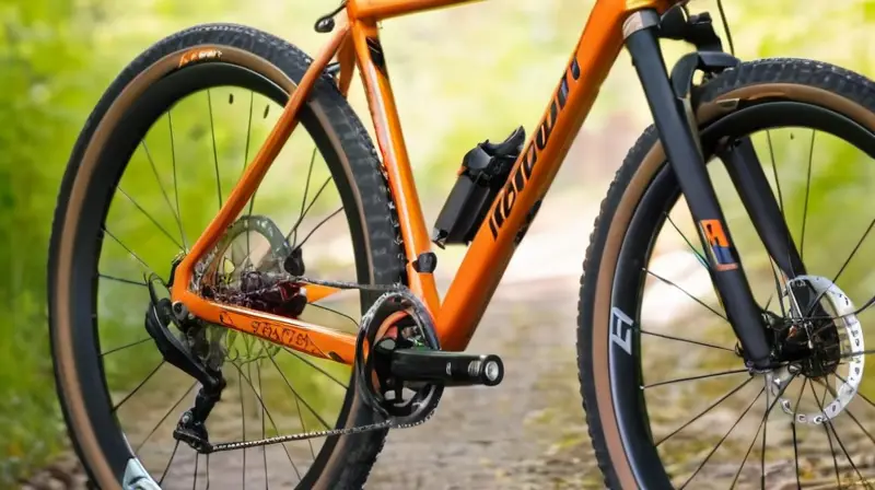 Bicicleta de carbono negra mate con detalles naranjas, estructura ligera y diseño preciso, lista para rodar en un entorno natural