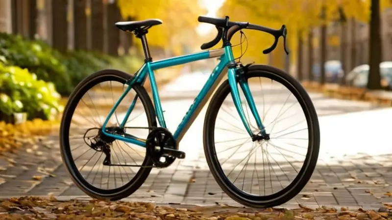 Bicicleta urbana elegante con diseño metálico brillante, colores vibrantes y detalles ergonómicos en un entorno citadino acogedor