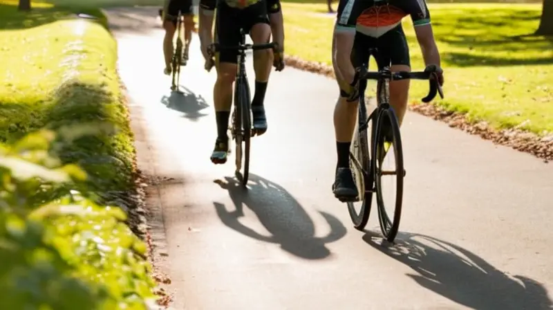 Una bicicleta moderna y elegante brilla bajo el sol en un parque urbano, rodeada de ciclistas en movimiento que transmiten aventura y libertad