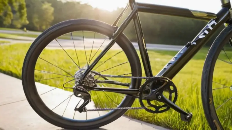Una bicicleta moderna y elegante destaca con su marco de aluminio pulido y detalles meticulosos bajo la luz natural