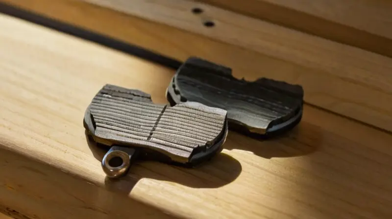 Vista detallada de pastillas de freno de bicicleta sobre un banco de trabajo