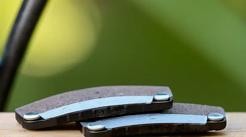 Un primer plano de pastillas de freno de bicicleta resalta su diseño y desgaste bajo luz suave, con herramientas y naturaleza de fondo