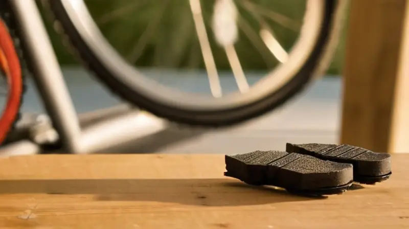 Comparación de pastillas de freno de bicicleta nuevas y desgastadas en un banco de trabajo iluminado