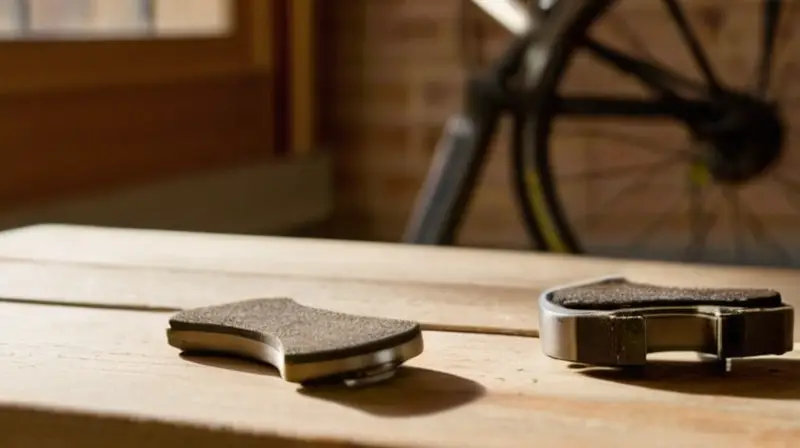 Una imagen cercana de diversos frenos de bicicleta sobre un banco de trabajo de madera, iluminados por luz natural y con herramientas al lado