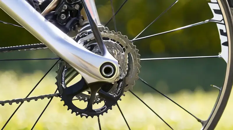 Una imagen detallada del desviador trasero de una bicicleta con superficies metálicas brillantes y un marco de fibra de carbono