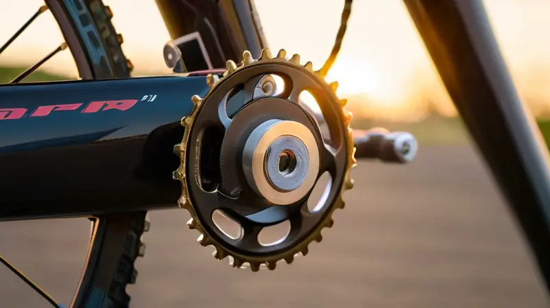 Primer plano de un soporte de desviador de bicicleta con detalles metálicos y un fondo difuminado