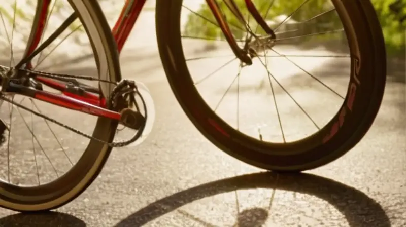 Una bicicleta de carretera elegante brilla bajo la luz matutina, destacando sus detalles en carbono y un ciclista en movimiento