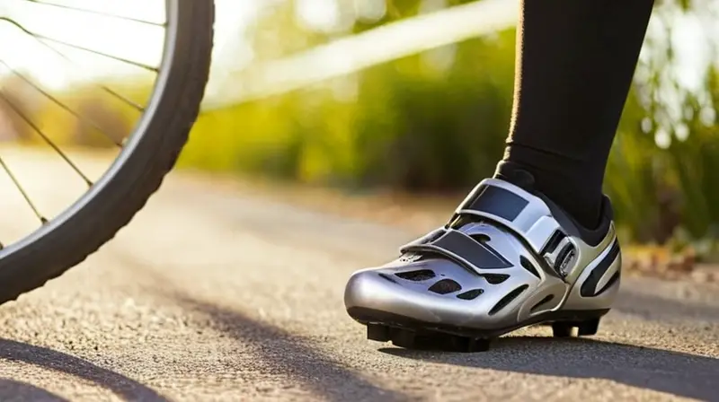 Un primer plano de pedales de bicicleta brillantes bajo la luz suave, con zapatos de ciclismo alineados y un fondo desenfocado de un sendero