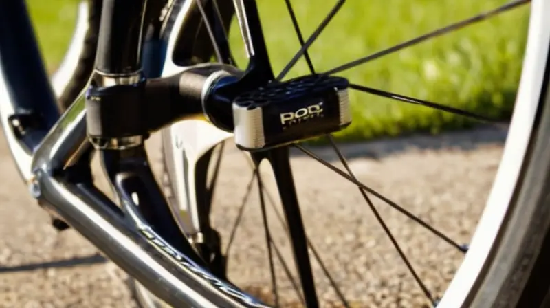 Primer plano de pedales de bicicleta con detalles metálicos y texturas, iluminados por la luz natural en un entorno de ciclismo al aire libre