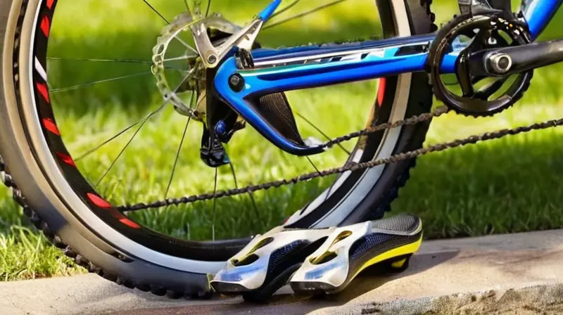 Un primer plano de un sistema de pedales de bicicleta resalta la elegancia de los pedales metálicos y las zapatillas de ciclismo en un entorno natural iluminado por el sol