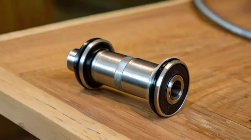 Un primer plano de un eje de pedalier Shimano brilla bajo la luz suave