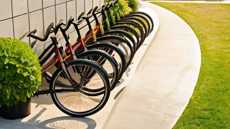 Un robusto y elegante soporte de bicicletas negro, montado en concreto, sostiene dos bicicletas coloridas bajo la luz del sol
