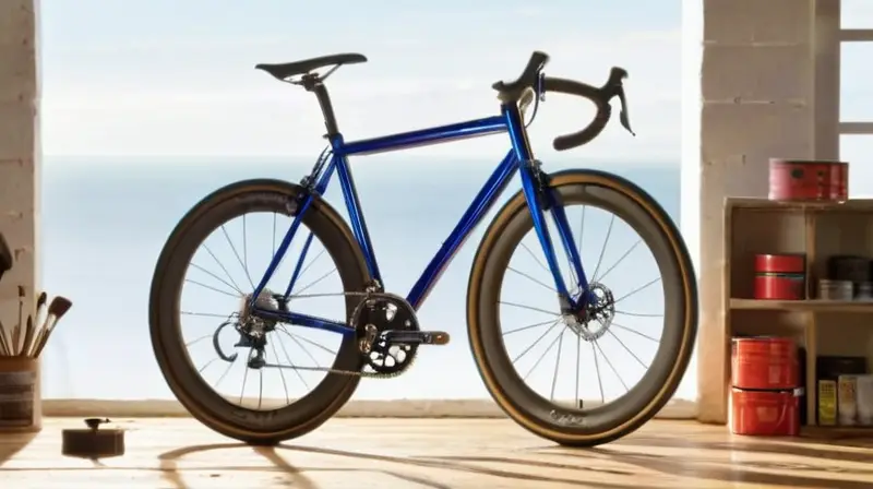 Un marco de bicicleta vibrante y elegante, pintado de azul cobalto brillante, se destaca en un taller iluminado por el sol
