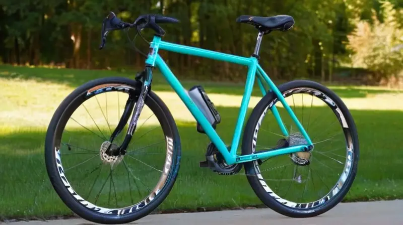 Una bicicleta moderna y elegante en color turquesa brilla bajo la luz suave