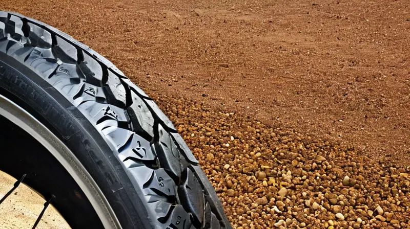 Un neumático de grava Pirelli Cinturato Gravel M, 700x45, con diseño robusto y tracción efectiva, se presenta en un entorno natural