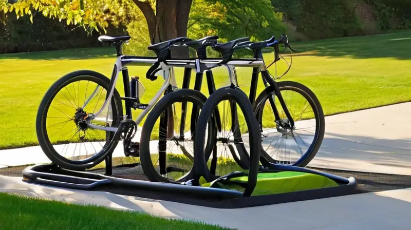 Un robusto y moderno soporte para bicicletas de metal negro mate, con cuatro espacios y mecanismos de bloqueo visibles, se encuentra en un entorno soleado con césped verde y árboles