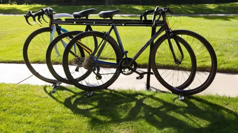 Un robusto y moderno soporte metálico para bicicletas de color negro mate, con cuatro espacios y mecanismos de bloqueo, se encuentra en un área verde, iluminado por la luz natural