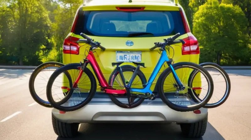 Un portabicicletas metálico en un vehículo moderno sostiene cuatro bicicletas de colores vibrantes, destacando su diseño funcional y armonioso