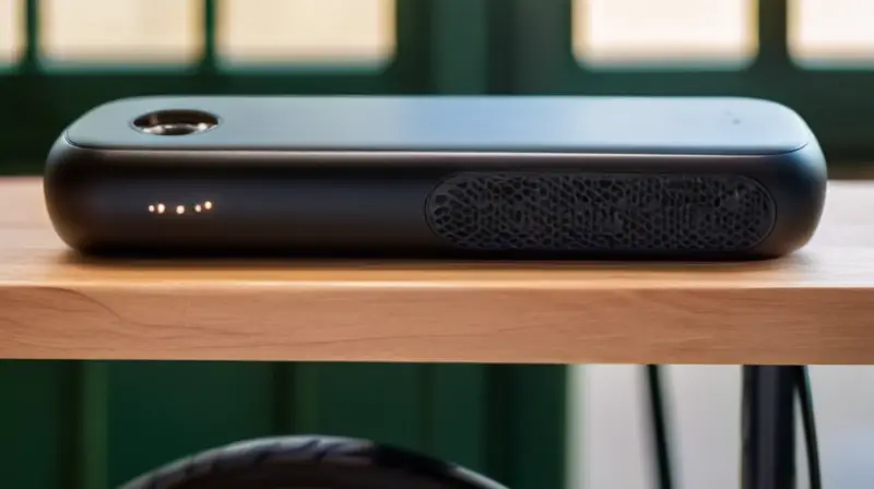 Batería negra elegante y compacta con acabado mate, detalles en relieve y diseño que sugiere aventura al fondo