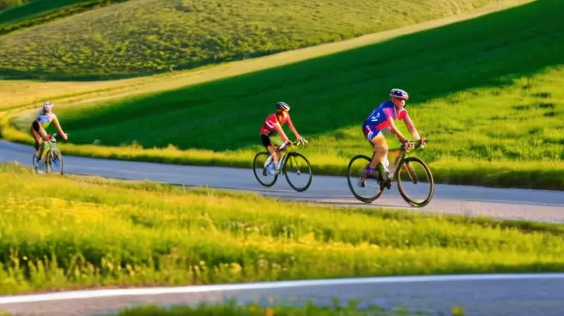 Un paisaje montañoso vibrante con ciclistas pedaleando por un sendero de grava, rodeados de flores silvestres y animados espectadores