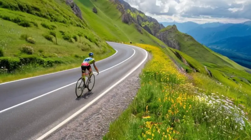 Ciclistas enérgicos pedalean por una carretera serpenteante entre montañas verdes y un paisaje vibrante
