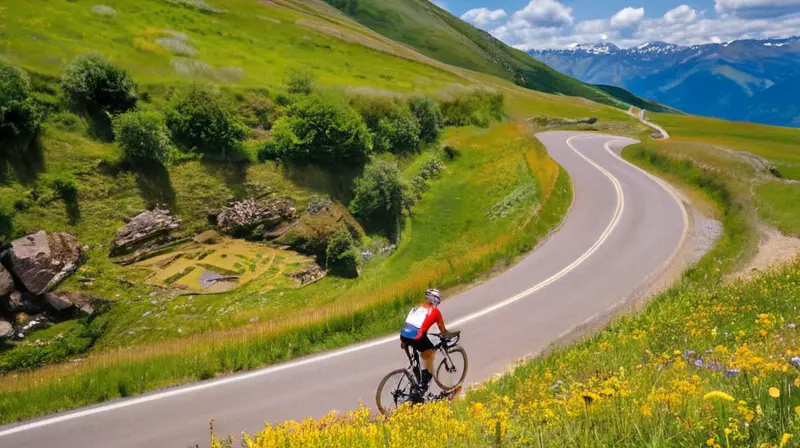 Un grupo de ciclistas pedalea intensamente por una estrecha y serpenteante carretera montañosa, rodeada de colinas verdes y un paisaje vibrante