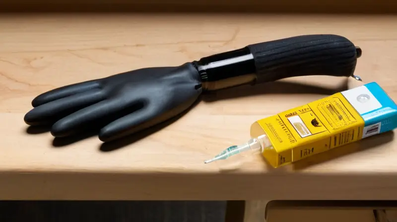 Un kit ordenado en un banco de trabajo de madera incluye herramientas metálicas brillantes, una jeringa de plástico, un frasco de líquido de frenos, una manguera de goma, una válvula de purga metálica, guantes de goma y un manual de instrucciones