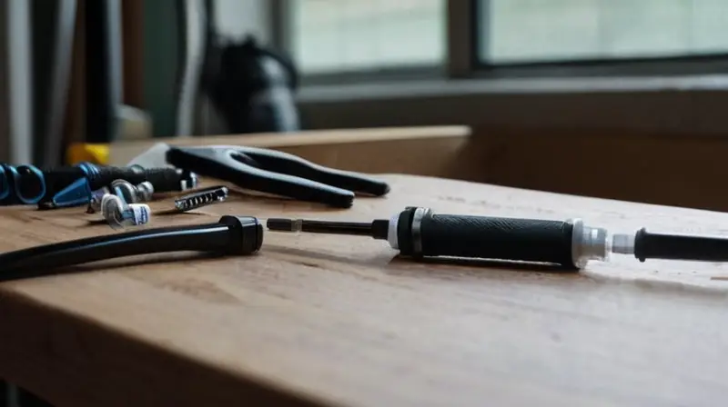 Un kit de purgado de frenos Shimano, con herramientas negras y plateadas ordenadas sobre un banco de trabajo iluminado por luz natural