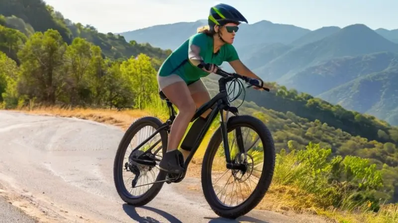 Bicicleta eléctrica compacta y elegante con marco de aluminio negro mate, detalles verdes, neumáticos gruesos y diseño ergonómico