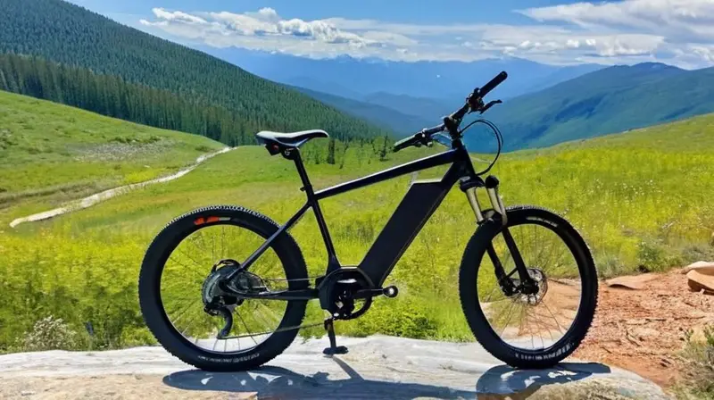 Bicicleta de montaña eléctrica elegante, con marco negro mate, batería integrada y diseño ergonómico, lista para la aventura en un entorno natural