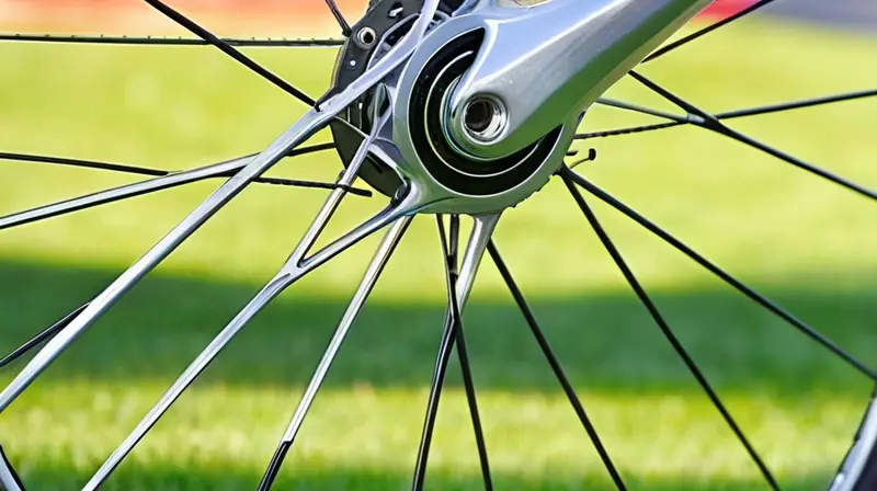 Una vista cercana de una rueda de bicicleta con rodamientos cerámicos brillantes y radios metálicos, reflejando luz suave y rodeada de hierba verde