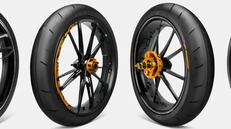 Ruedas de fibra de carbono con acabado negro brillante y diseño aerodinámico que destacan por su ingeniería precisa y detalles realistas