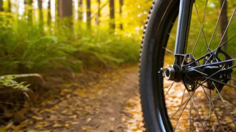 Una rueda de bicicleta de montaña brilla al sol, mostrando su diseño detallado y texturas, con un fondo borroso de un sendero forestal